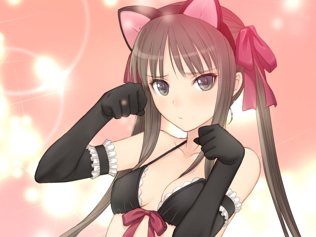 animal_ears, bikini_top, bow, brown_eyes, brown_hair, elbow_gloves, fault, game_cg, gloves, long_hair, sugiyama_mio, taka_tony, twintails