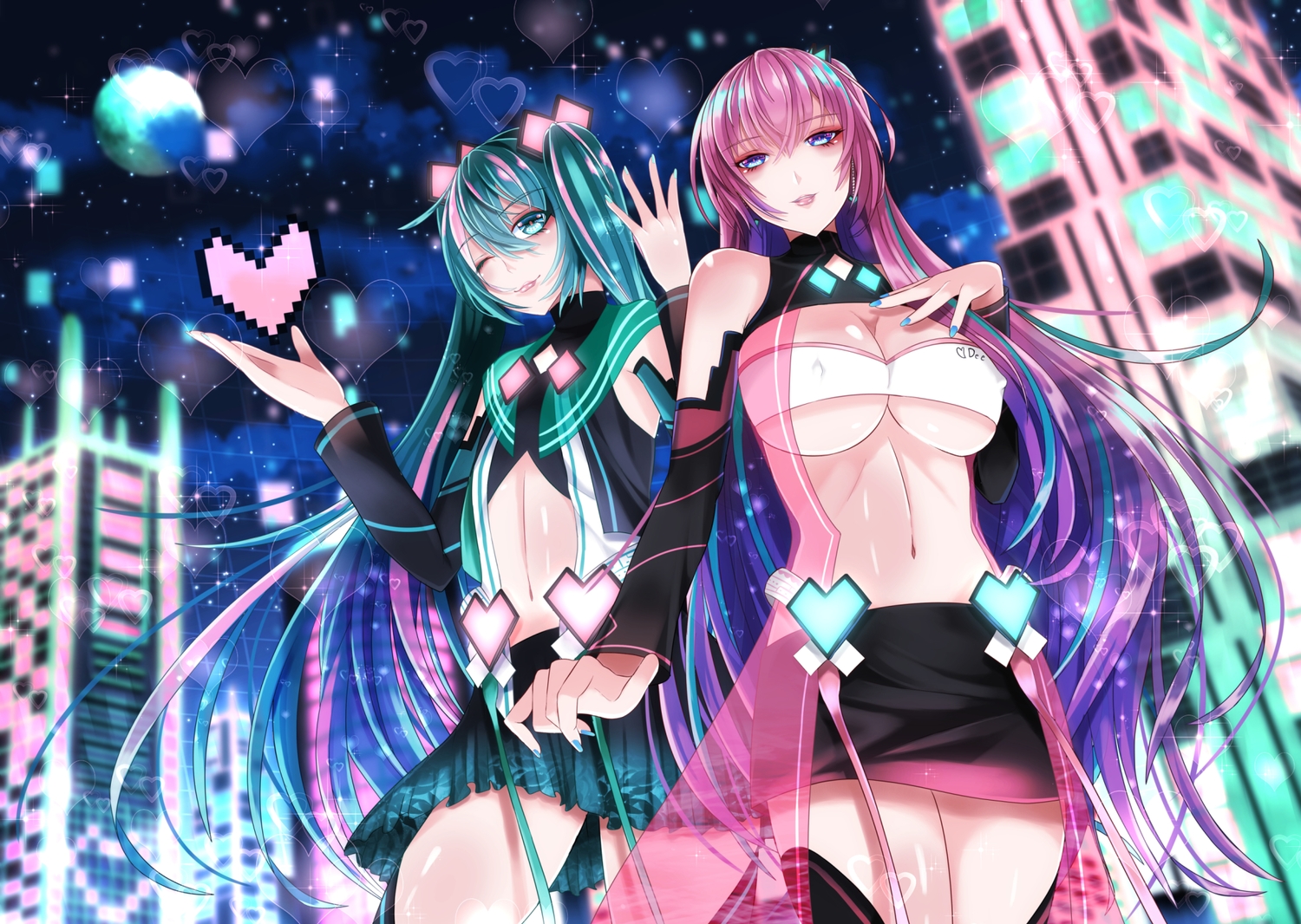 2girls, fuyuki_jun, hatsune_miku, long_hair, megurine_luka, twintails, vocaloid