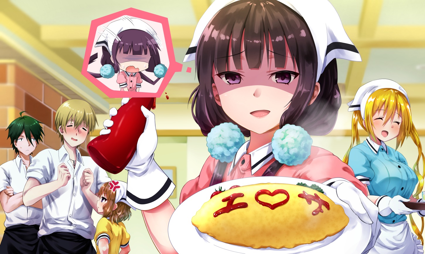 0141zucker, akizuki_kouyou, apron, black_hair, blend_s, blonde_hair, brown_hair, dino_(blend_s), food, gloves, green_hair, group, hinata_kaho, hoshikawa_mafuyu, long_hair, male, necklace, purple_eyes, sakuranomiya_maika, short_hair, twintails, waitress