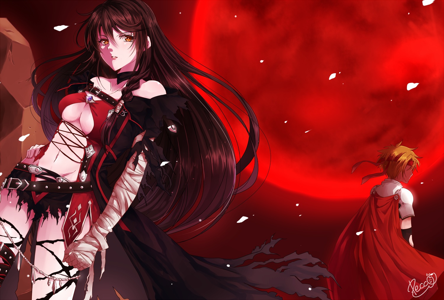 armor, blonde_hair, braids, breasts, brown_hair, cape, cleavage, cless_alvein, long_hair, male, navel, orange_eyes, short_hair, shorts, signed, tagme_(artist), tales_of_berseria, tales_of_phantasia, torn_clothes, velvet_crowe