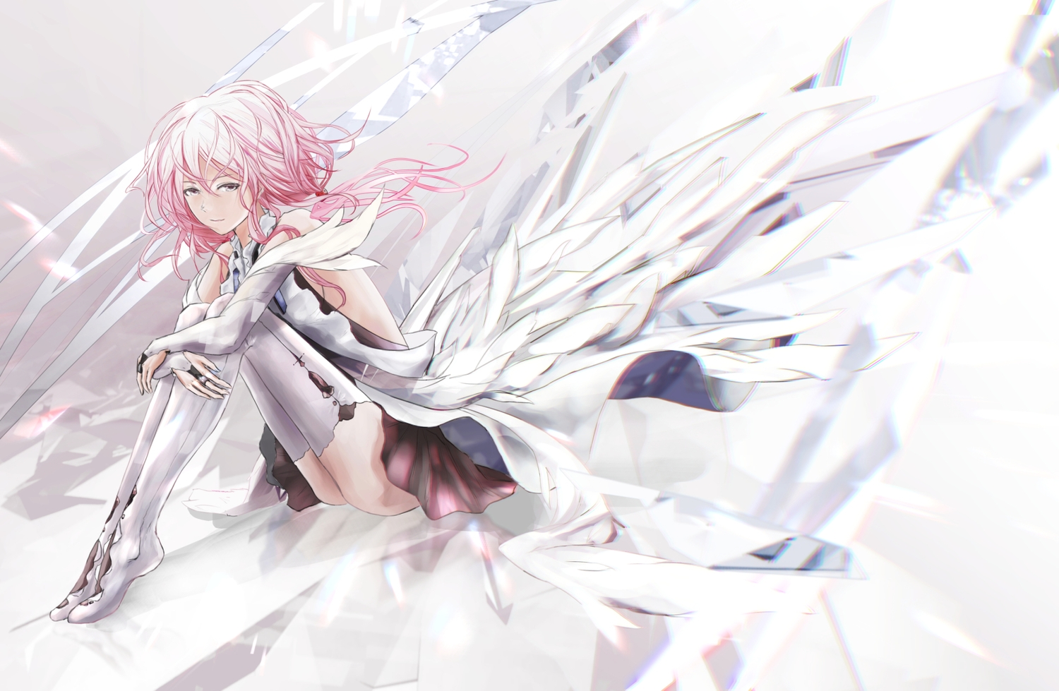 elbow_gloves, gloves, guilty_crown, long_hair, pink_eyes, pink_hair, skirt, tanikku