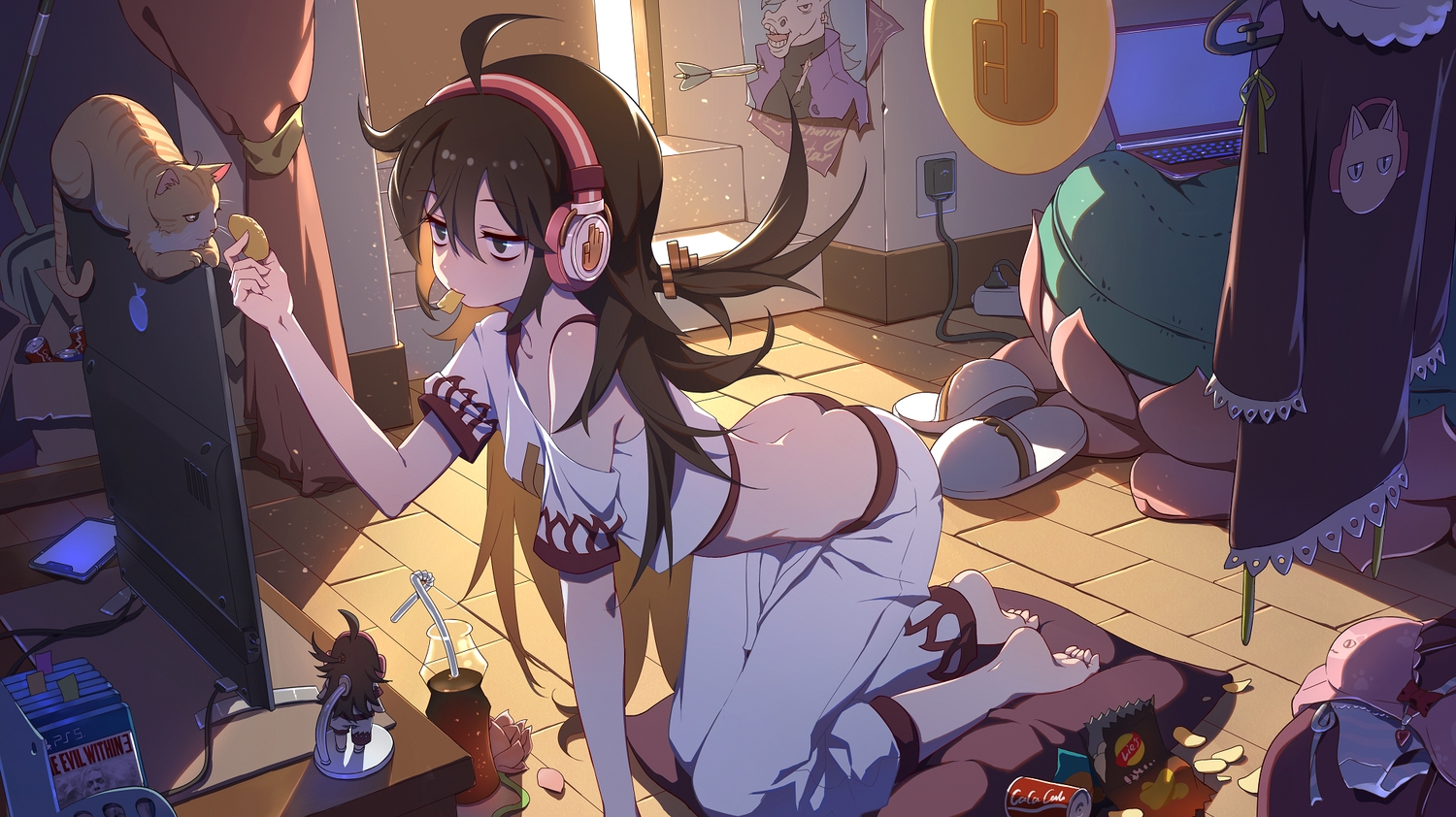barefoot, bow, bra, brown_eyes, brown_hair, coca_cola, computer, flowers, food, headphones, long_hair, mosquito_coils, original, panties, petals, phone, rose, the_evil_within, underwear