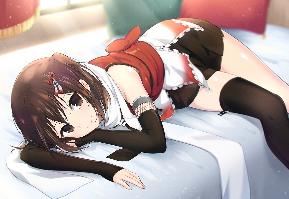 anthropomorphism, bed, brown_eyes, brown_hair, ica, kantai_collection, scarf, sendai_(kancolle), short_hair, skirt, thighhighs