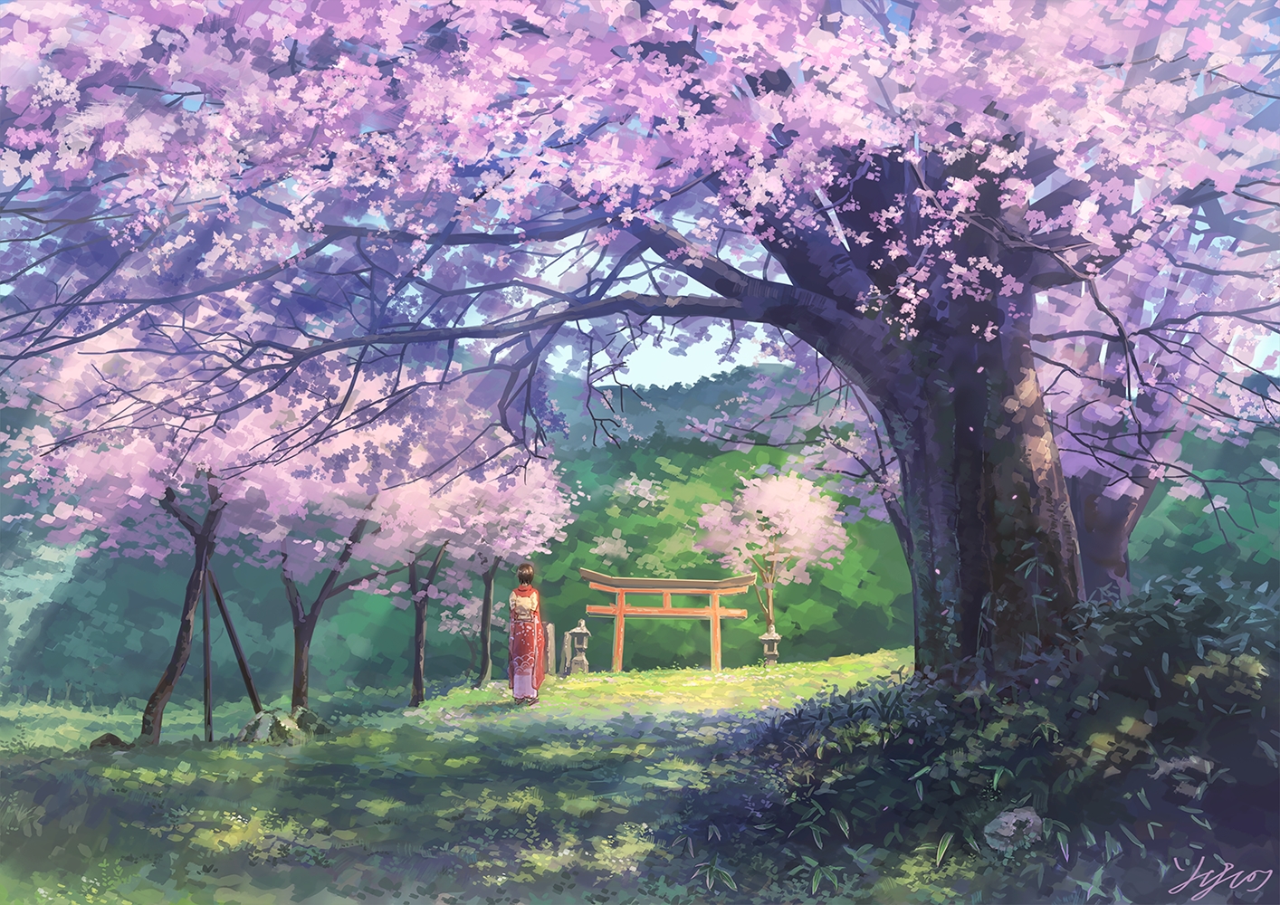 cherry_blossoms, flowers, grass, japanese_clothes, kimono, original, scenic, signed, somei_yoshinori, torii, tree