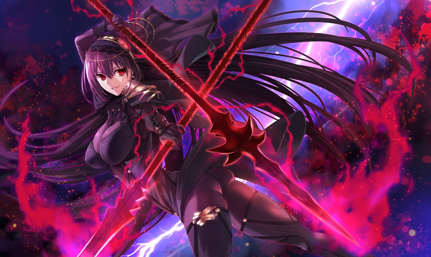 ass, bodysuit, breasts, cape, dress, fate/grand_order, fate_(series), headdress, hinomoto_madoka, long_hair, purple_hair, red_eyes, scathach_(fate/grand_order), skintight, spear, thighhighs, weapon