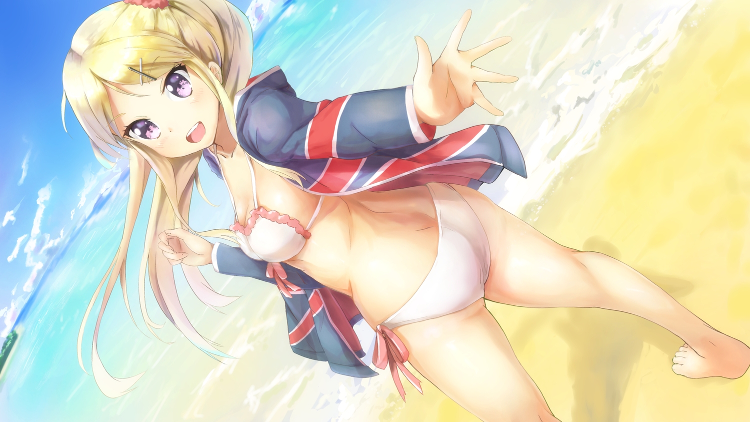 ass, barefoot, beach, bikini, blonde_hair, blue_eyes, clouds, kiniro_mosaic