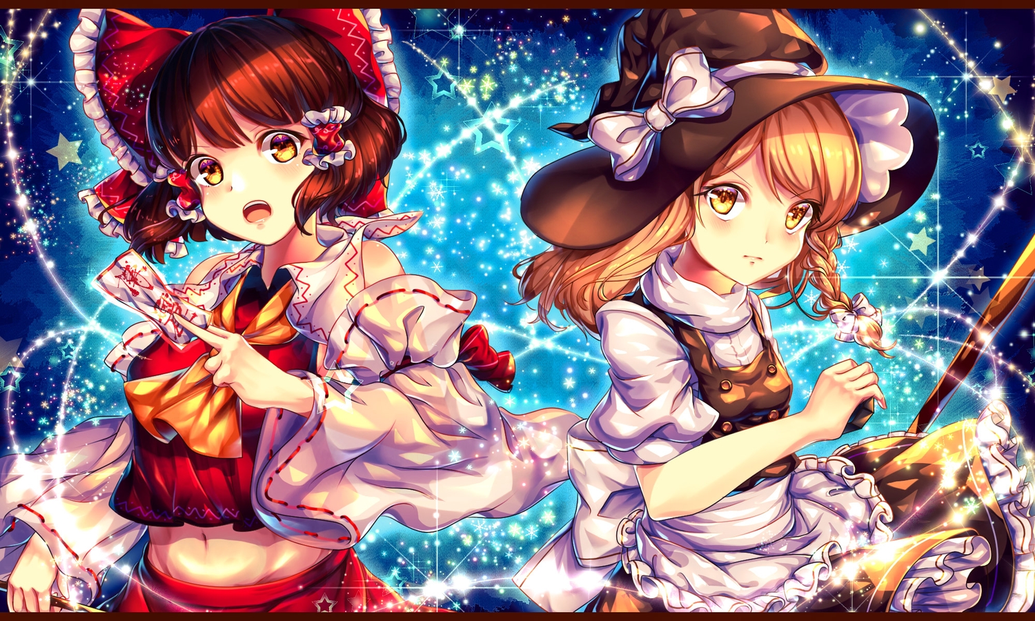 2girls, apron, blonde_hair, bow, braids, brown_eyes, brown_hair, chiyu_(kumataro0x0), dress, hakurei_reimu, hat, japanese_clothes, jpeg_artifacts, kirisame_marisa, long_hair, magic, miko, navel, ofuda, touhou, witch, witch_hat, yellow_eyes