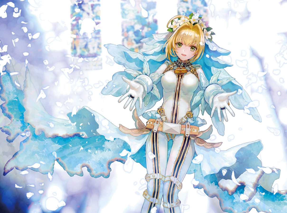 blonde_hair, bodysuit, chain, fate/grand_order, fate_(series), flowers, gloves, green_eyes, headdress, nero_claudius_(bride), nero_claudius_(fate), petals, short_hair, shutsuri