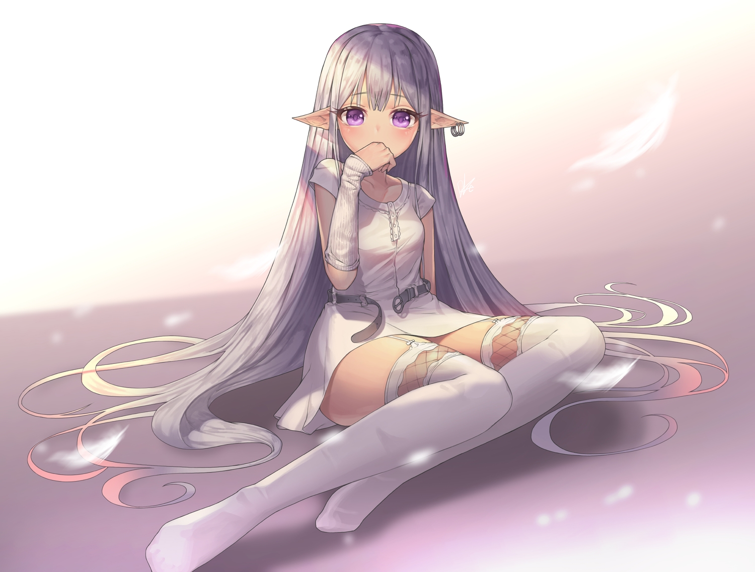 dress, garter_belt, gray_hair, lee_seok_ho, long_hair, original, pointed_ears, purple_eyes