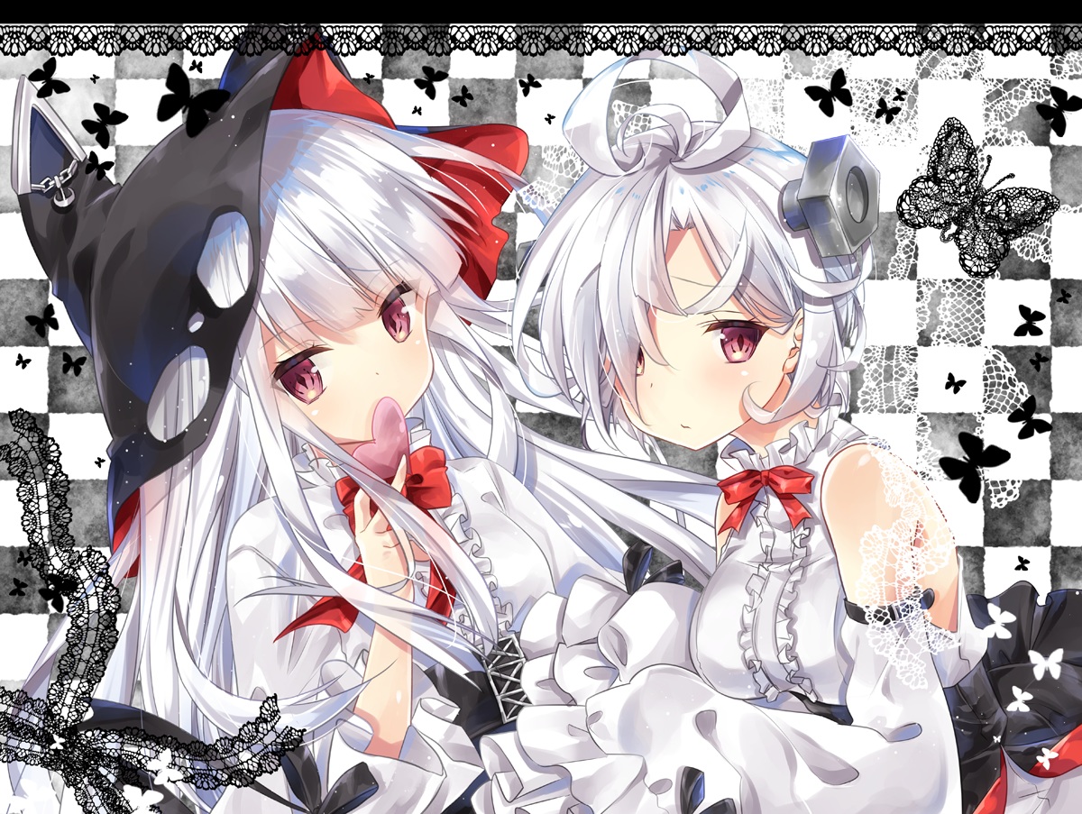 2girls, anthropomorphism, azur_lane, bow, butterfly, erebus_(azur_lane), headdress, kurun_(kurun777)