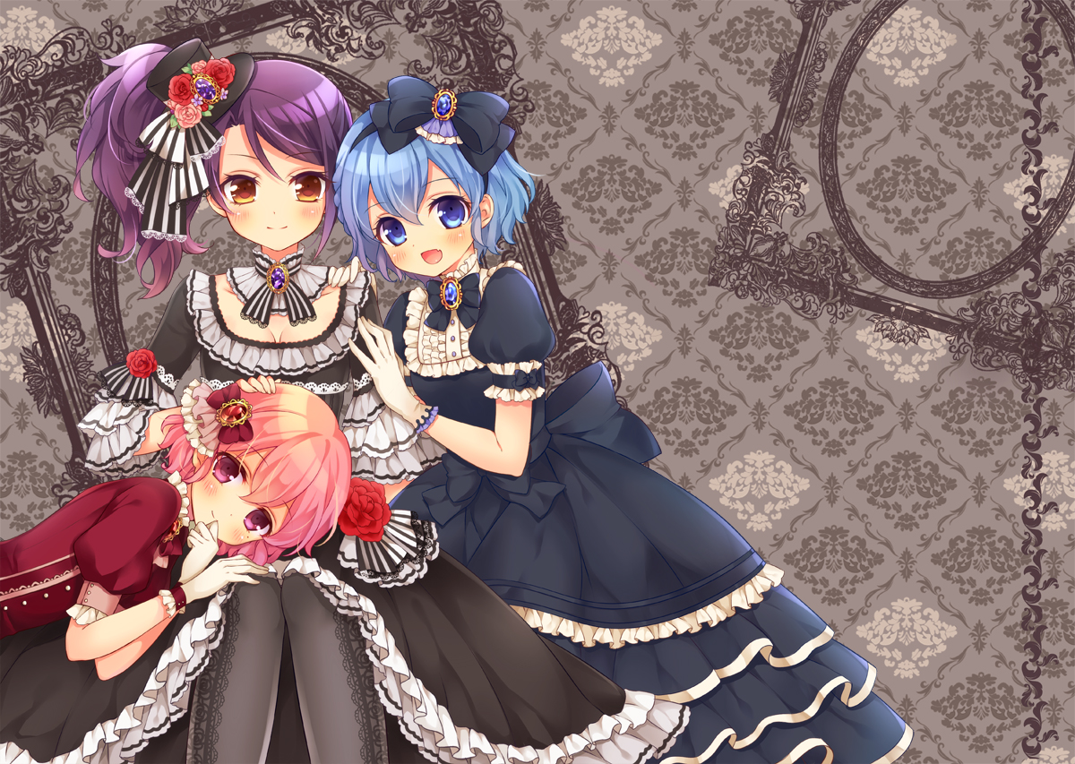 blue_eyes, blue_hair, blush, bow, dorothy_west, dress, fang, gloves