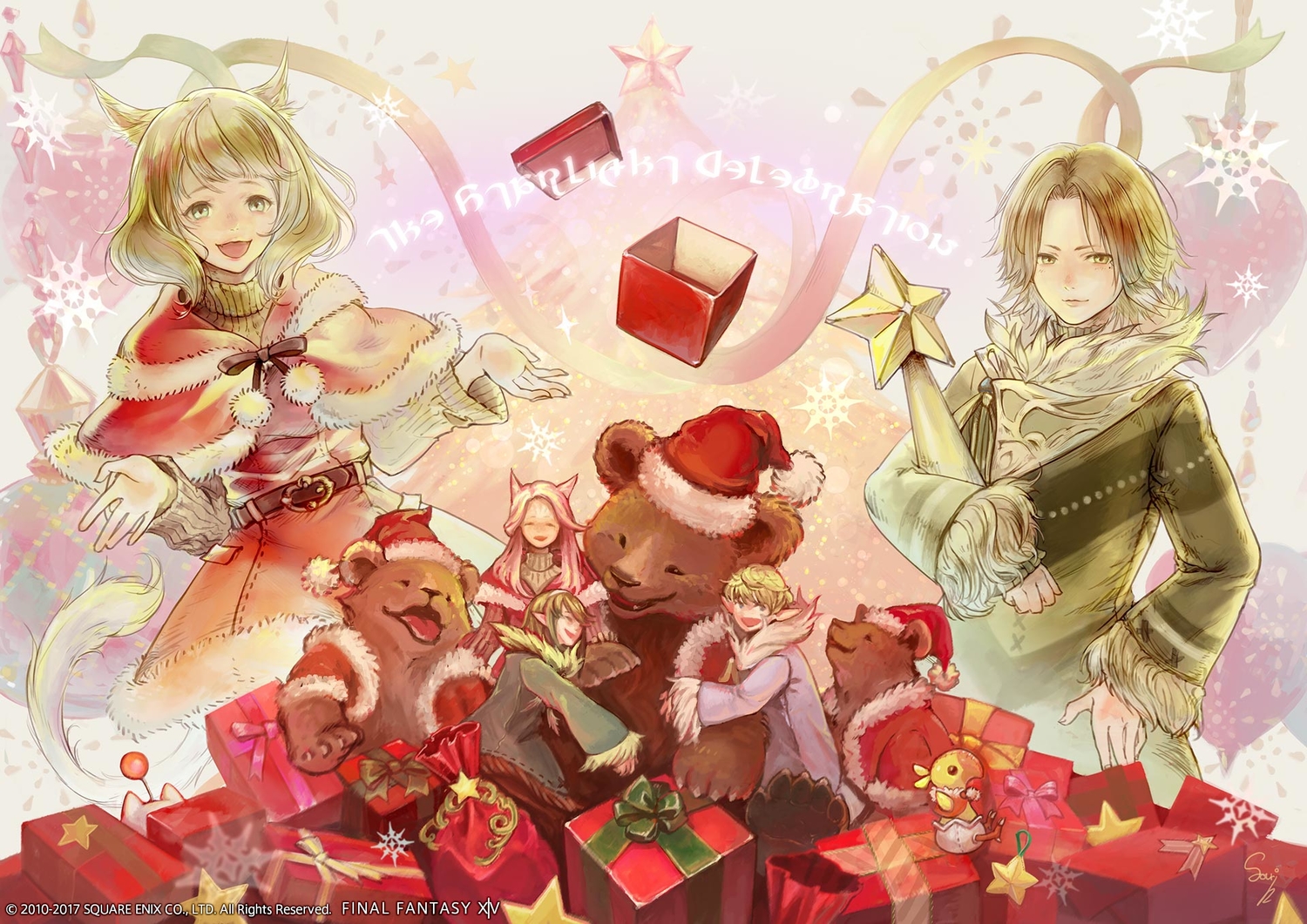 animal, animal_ears, bear, blonde_hair, catgirl, chocobo, christmas, elezen