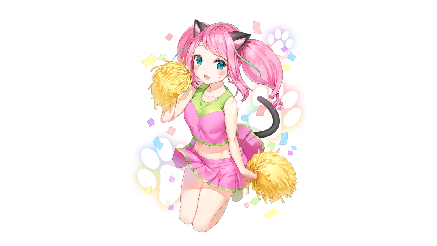 animal_ears, aqua_eyes, breasts, catgirl, cat_smile, cheerleader, hashimoto_nyaa, long_hair, marmoset, navel, osomatsu-kun, osomatsu-san, pink_hair, skirt, tail, twintails, white