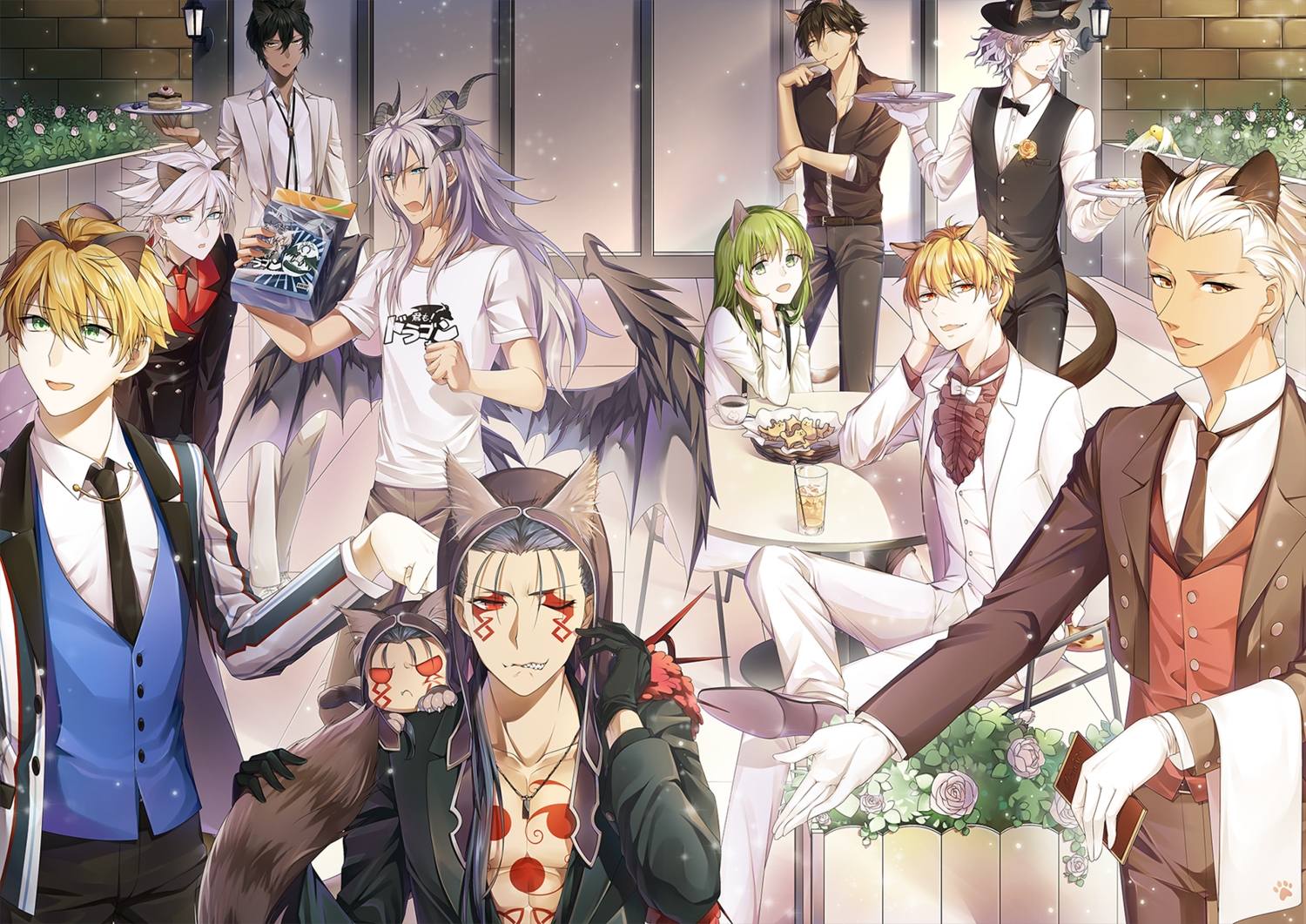 all_male, animal_ears, aqua_eyes, arjuna_(fate/grand_order), arthur_pendragon_(fate), black_hair, blonde_hair, blue_hair