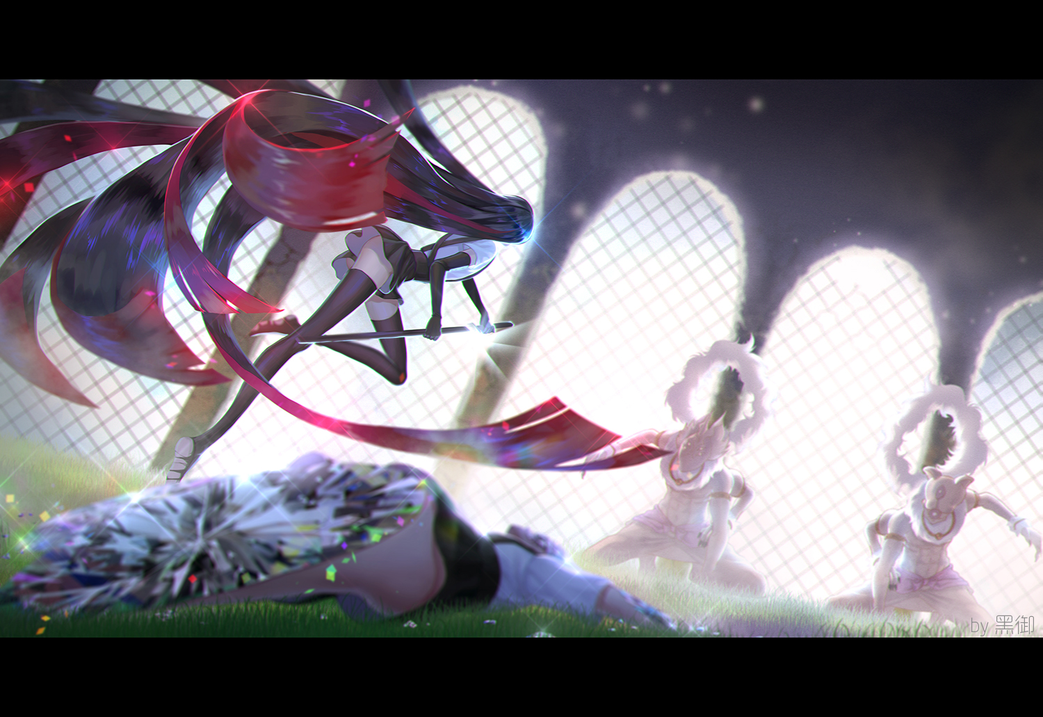 anthropomorphism, black_hair, bort, diamond_(houseki_no_kuni), elbow_gloves, gloves, grass, hei_yu