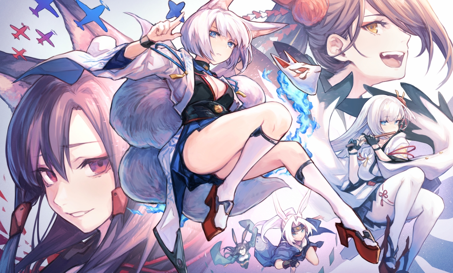 akagi_(azur_lane), animal_ears, anthropomorphism, azur_lane, hiryuu_(azur_lane), kaga_(azur_lane), mephist-pheles, multiple_tails, shoukaku_(azur_lane), souryuu_(azur_lane), tail, zuikaku_(azur_lane)