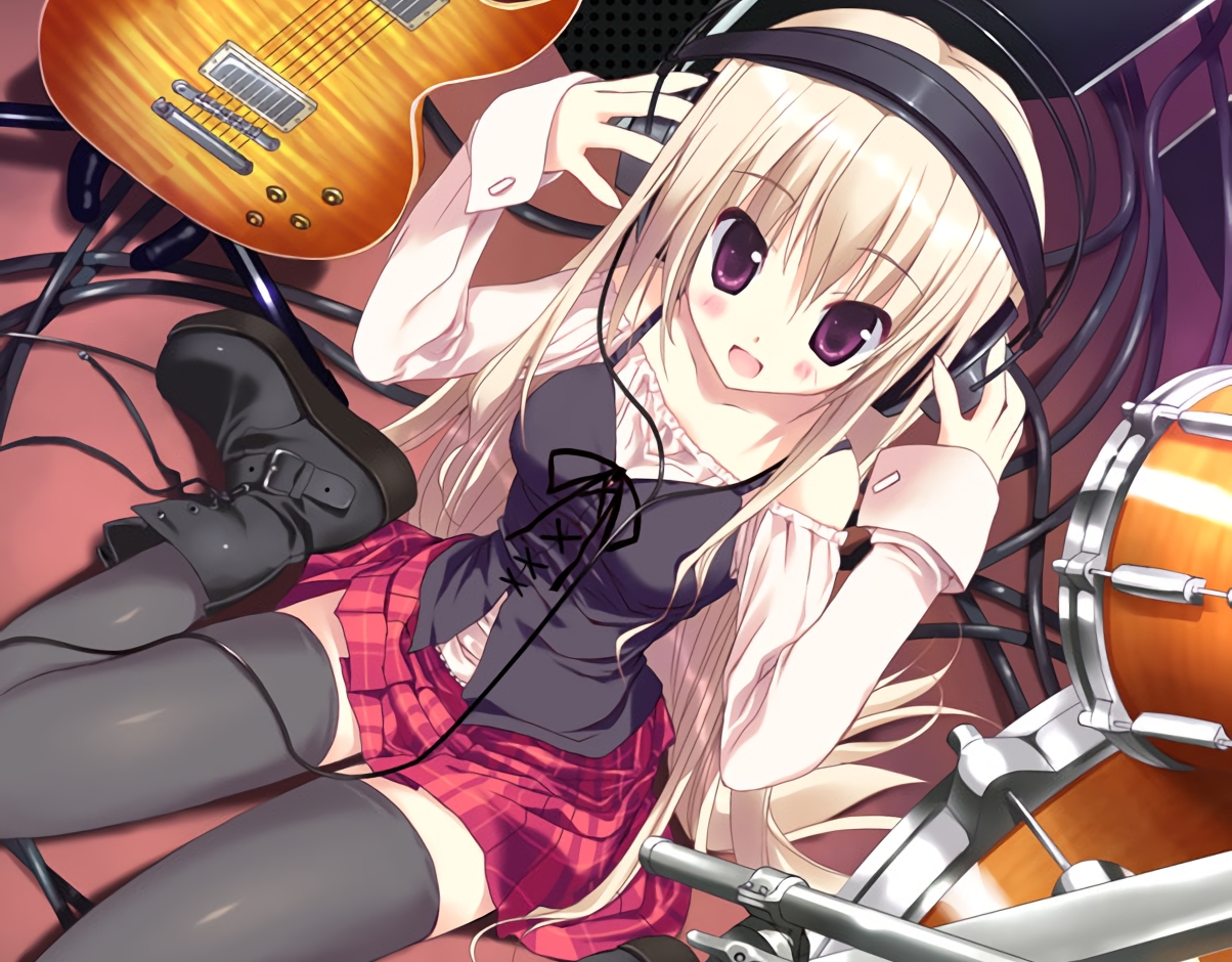 blonde_hair, boots, corset, cropped, drums, guitar, headphones, instrument