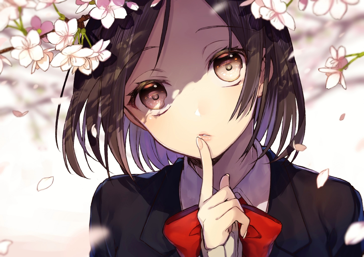 bow, brown_eyes, brown_hair, cherry_blossoms, close, flowers, original, petals, school_uniform, short_hair, sogawa66