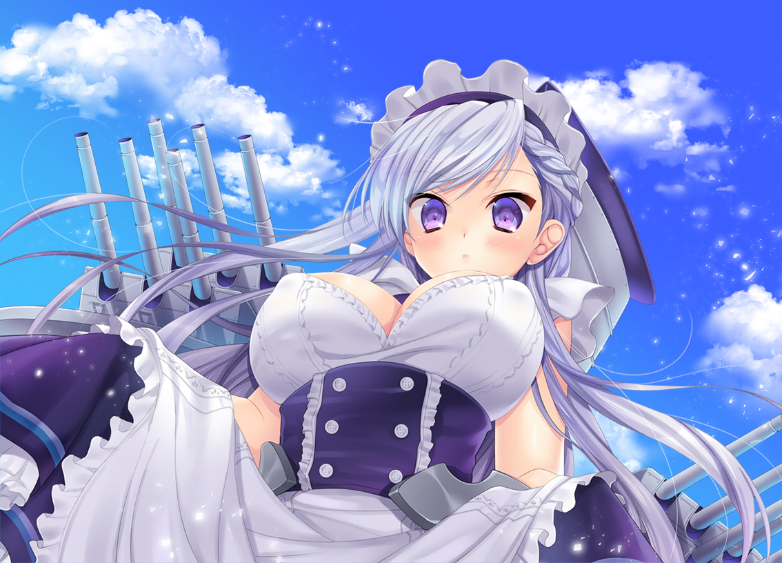 anthropomorphism, azur_lane, belfast_(azur_lane), blush, braids, breasts, cleavage, clouds, dress, gray_hair, headdress, long_hair, purple_eyes, skirt_lift, sky, weapon, zest_(lossol)