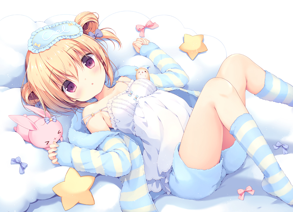 blonde_hair, blush, bow, kneehighs, loli, miyasaka_miyu, original, purple_eyes