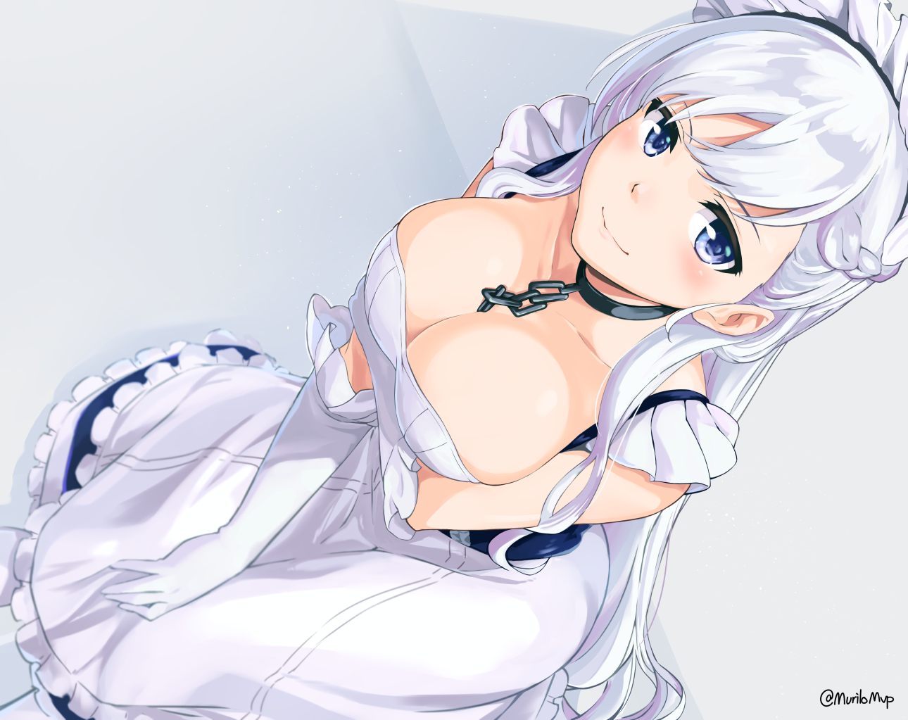 anthropomorphism, azur_lane, belfast_(azur_lane), blue_eyes, breast_hold, breasts, chain, cleavage, collar, dress, elbow_gloves, gloves, headdress, long_hair, murio, signed, white_hair