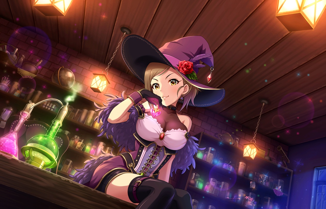 annin_doufu, boots, breasts, brown_hair, cleavage, dress, feathers, gloves, hat, hyoudou_rena, idolmaster, idolmaster_cinderella_girls, idolmaster_cinderella_girls_starlight_stage, magic, night, short_hair, thighhighs, witch, witch_hat, yellow_eyes, zettai_ryouiki