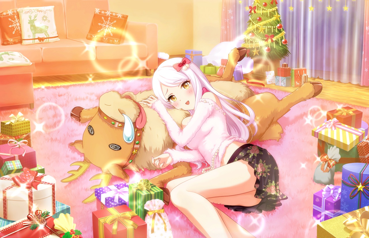annin_doufu, blush, bow, christmas, couch, eve_santaclaus, idolmaster, idolmaster_cinderella_girls, idolmaster_cinderella_girls_starlight_stage, long_hair, reindeer, skirt, tree, white_hair, yellow_eyes