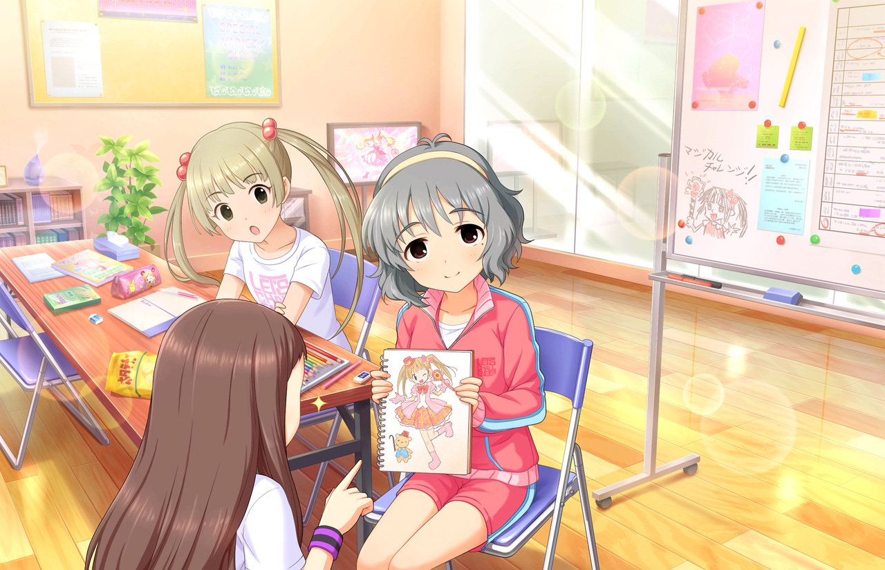 annin_doufu, brown_eyes, brown_hair, food, gray_hair, gym_uniform, headband, idolmaster