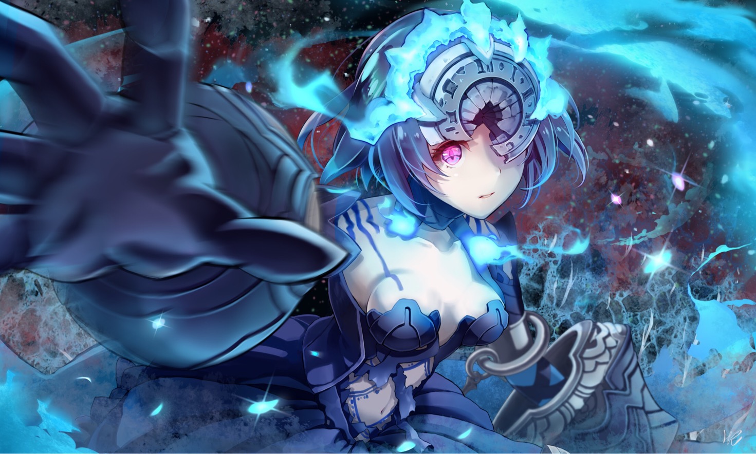 alice_(sinoalice), blue_hair, breasts, gloves, headdress, hoshizaki_reita, magic, navel