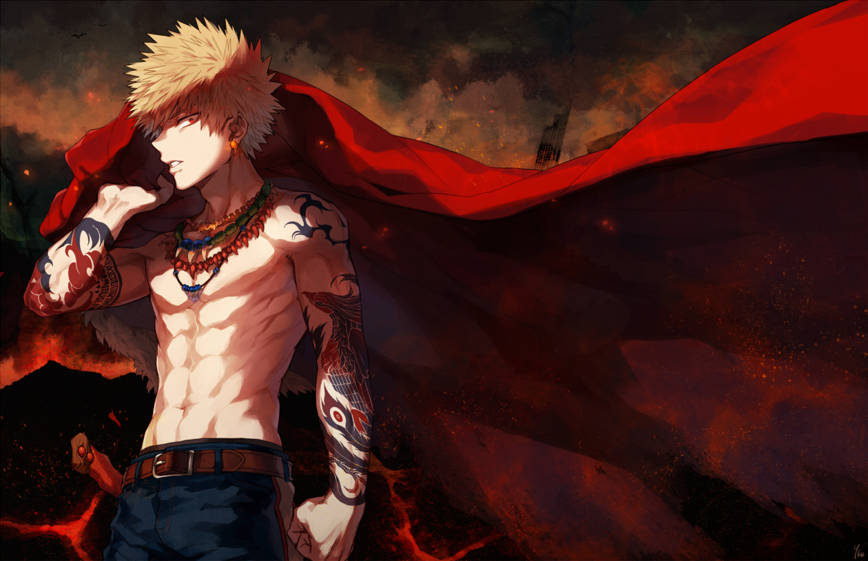 all_male, bakugou_katsuki, blonde_hair, boku_no_hero_academia, fire, male, navel, necklace