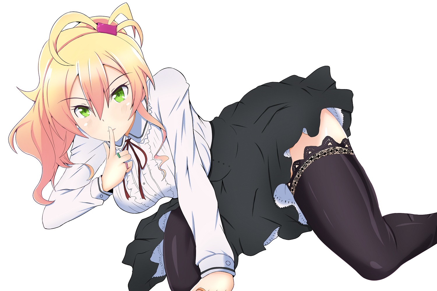 aliasing, blonde_hair, breasts, green_eyes, hajimete_no_gal, long_hair, ponytail, ribbons