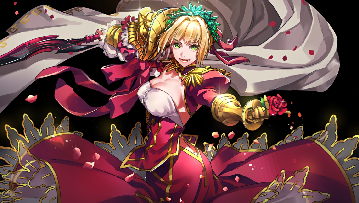 armor, blonde_hair, breasts, cleavage, dress, elbow_gloves, fate/extra, fate_(series), flowers, gloves, green_eyes, nero_claudius_(fate), rose, short_hair, sword, weapon, yosi135