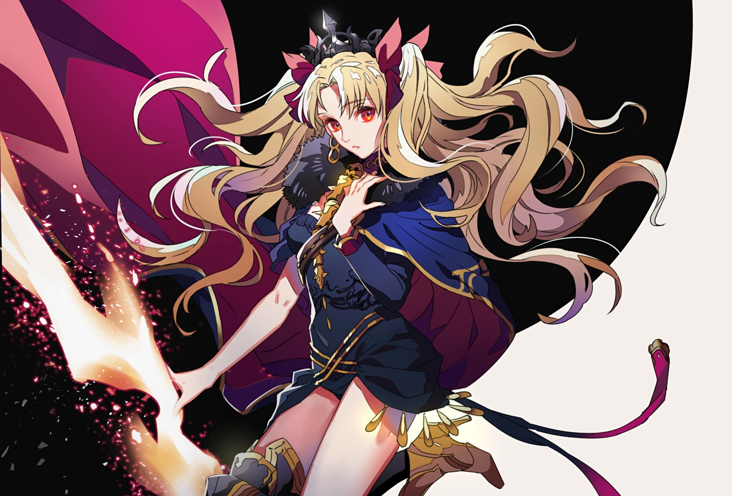 blonde_hair, bow, cape, crown, dress, ereshkigal_(fate/grand_order), fate/grand_order, fate_(series), long_hair, red_eyes, twintails, yosi135