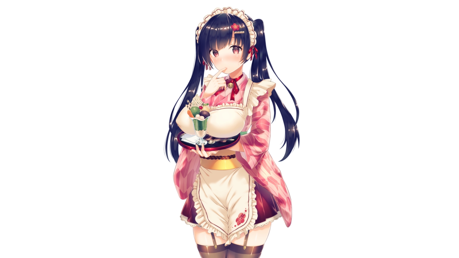 apron, bell, black_hair, bow, breasts, collar, food, garter_belt, headdress, ice_cream, japanese_clothes, long_hair, original, stockings, suiheisen, twintails, waitress, white