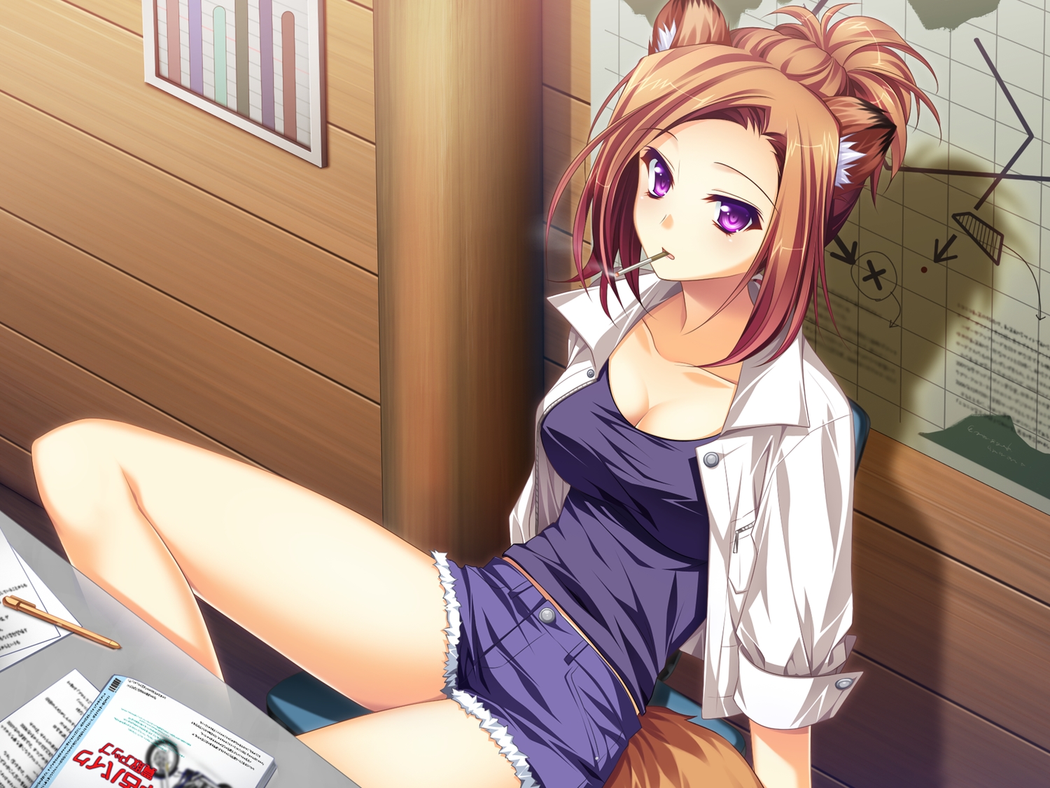 animal_ears, brown_hair, cigarette, game_cg, nagumo_ryouko, otomimi_infinity, purple_eyes, tail, yasaka_minato