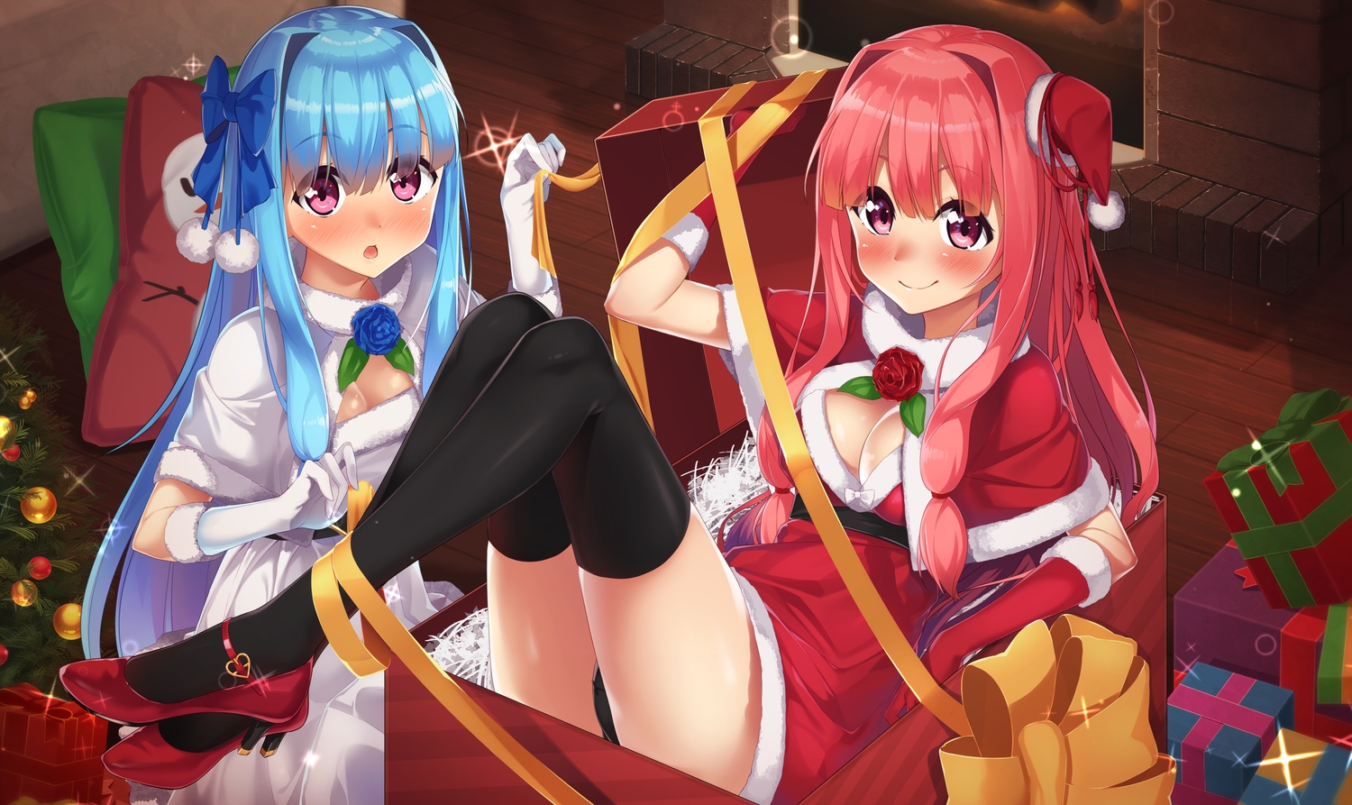 2girls, aqua_hair, blush, breasts, cape, christmas, cleavage, elbow_gloves