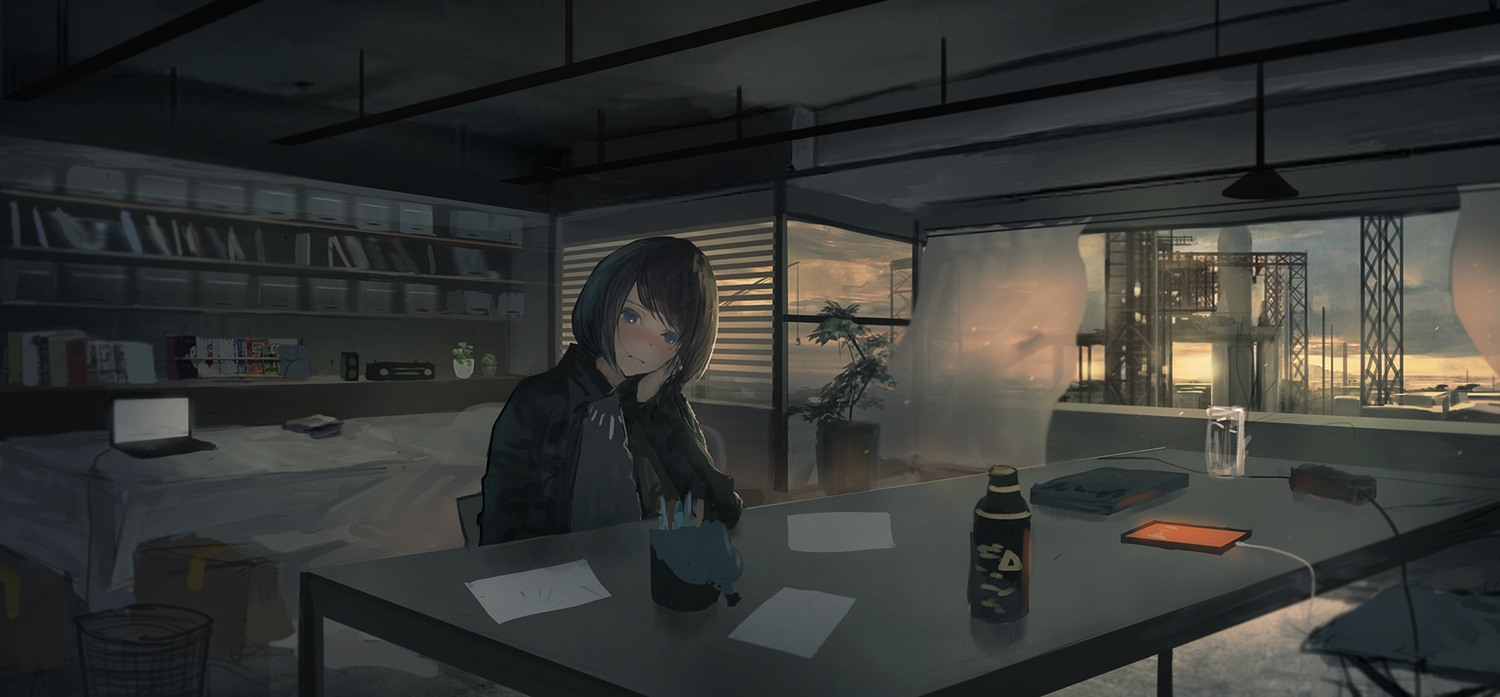 black_hair, blue_eyes, blush, book, clouds, computer, dark, drink