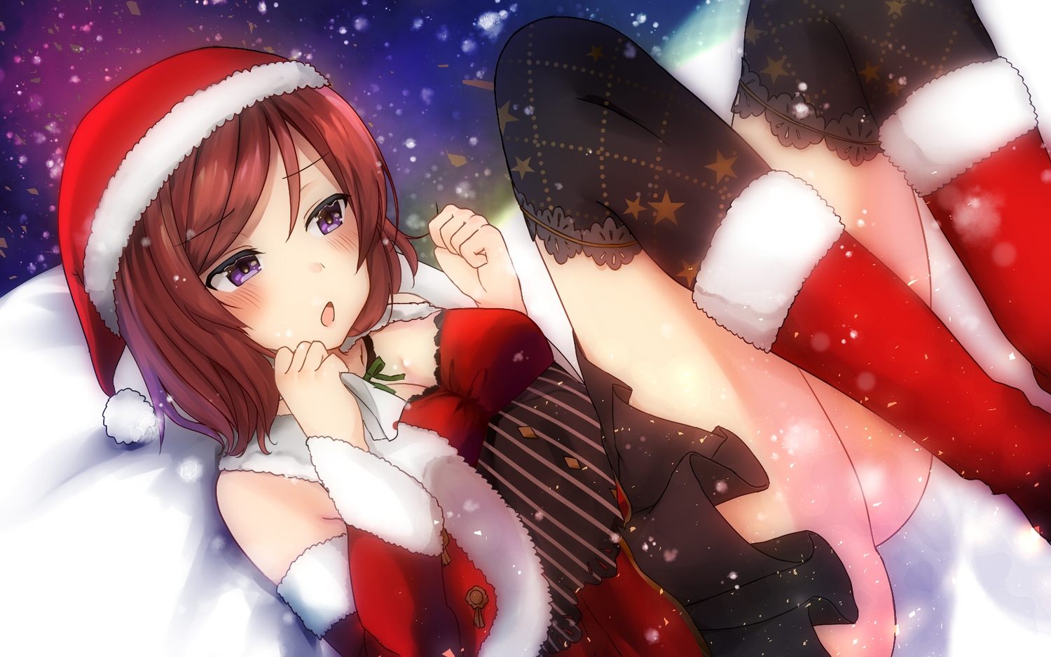 blush, boots, breasts, christmas, cleavage, hat, love_live!_school_idol_project, nishikino_maki