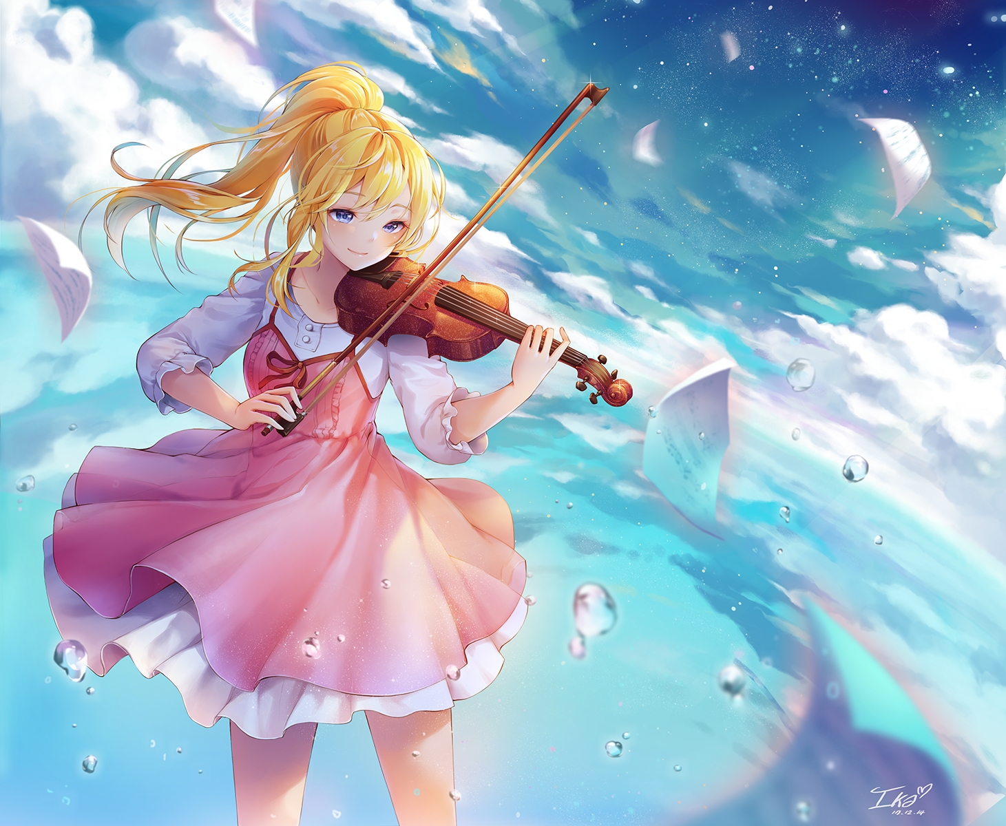 blonde_hair, blue_eyes, clouds, dress, ika_(4801055), instrument, long_hair, miyazono_kaori