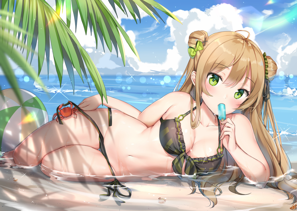 animal, anthropomorphism, ball, barefoot, beach, bikini, breasts, brown_hair, cleavage, clouds, crab, girls_frontline, green_eyes, long_hair, mamemena, navel, popsicle, rfb_(girls_frontline), sky, swimsuit, water