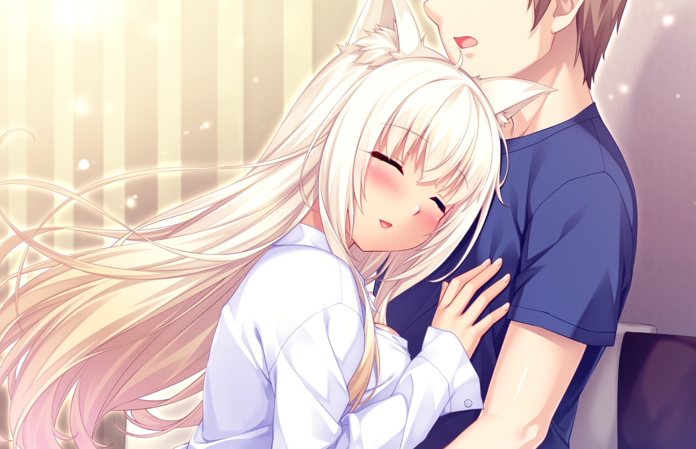 animal_ears, blonde_hair, blush, catgirl, coconut_(sayori), game_cg, hug, long_hair, male, minazuki_kashou, nekopara, neko_works, sayori, shirt