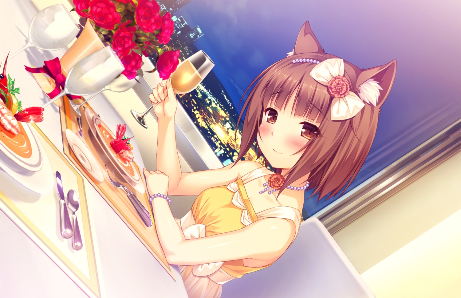 animal_ears, azuki_(sayori), blush, brown_eyes, brown_hair, building, catgirl, city