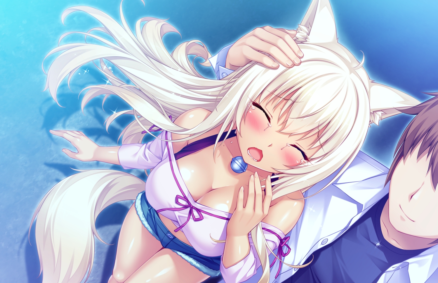 animal_ears, bell, blonde_hair, blush, breasts, catgirl, cleavage, coconut_(sayori)