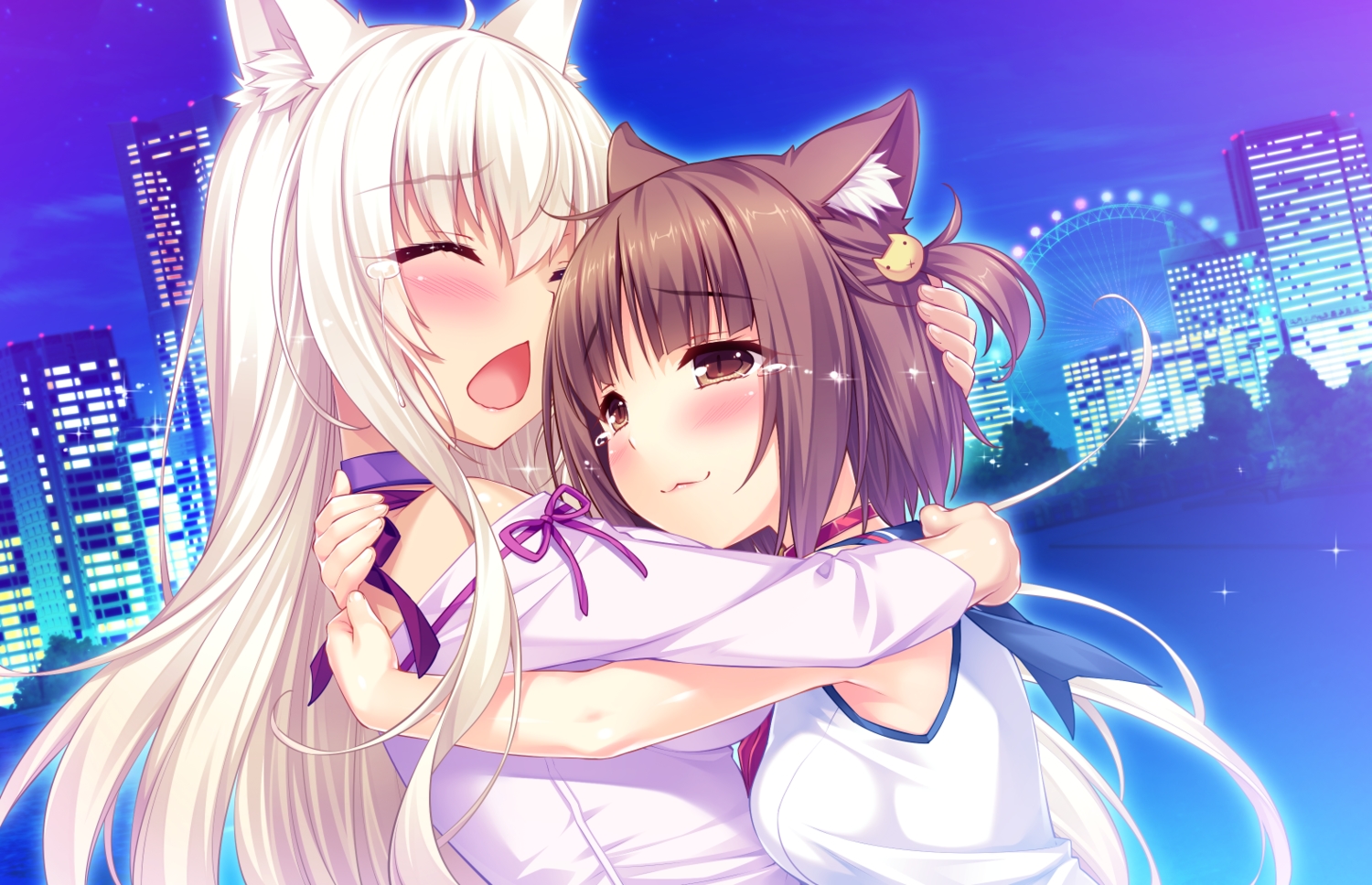2girls, animal_ears, azuki_(sayori), blonde_hair, blush, brown_eyes, brown_hair, building