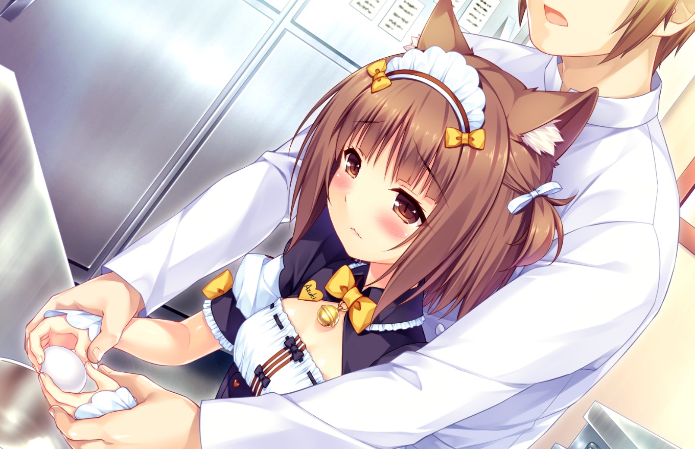 animal_ears, azuki_(sayori), bell, blush, bow, brown_eyes, brown_hair, catgirl