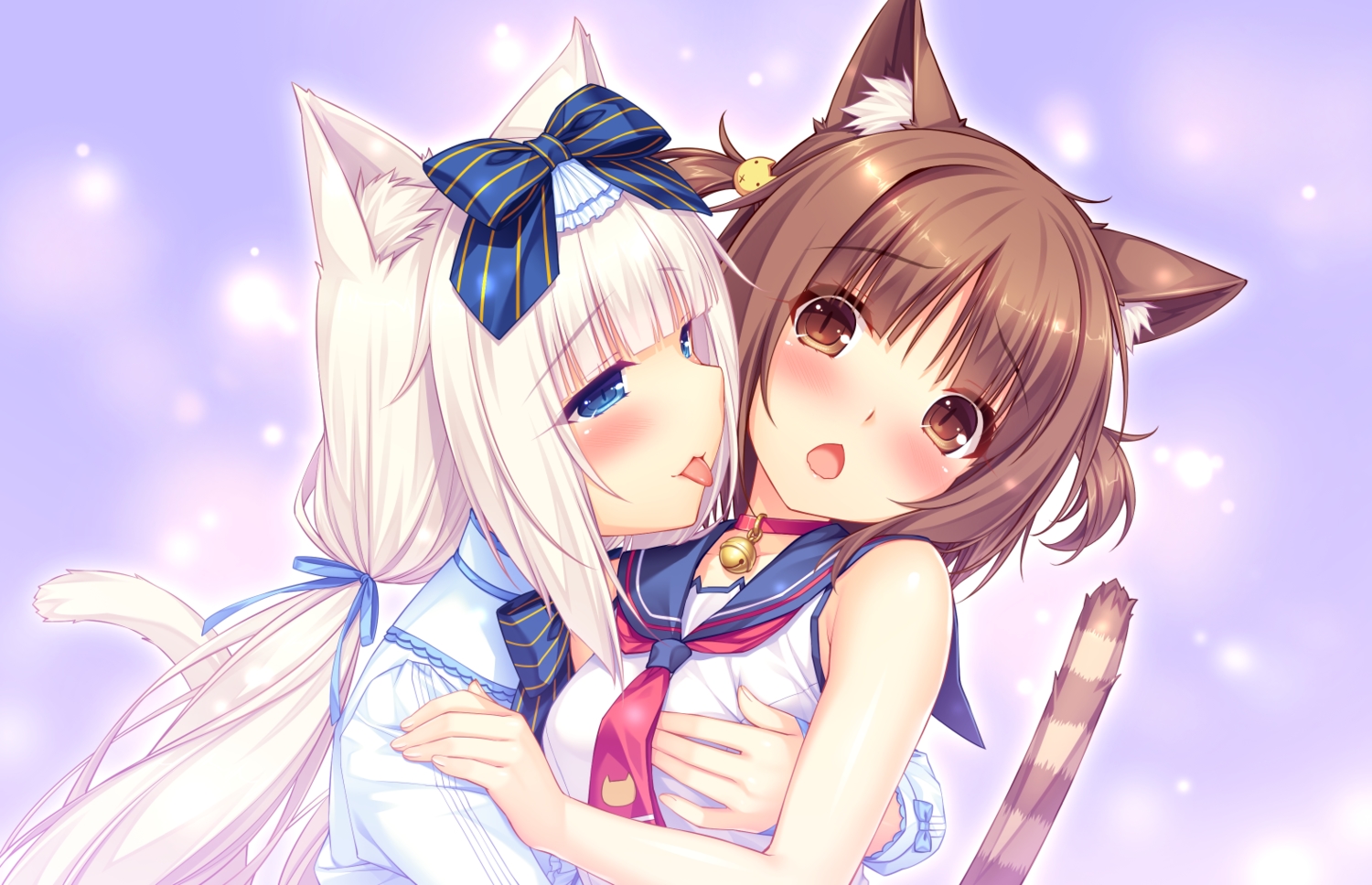 2girls, animal_ears, aqua_eyes, azuki_(sayori), bell, blush, bow, brown_eyes