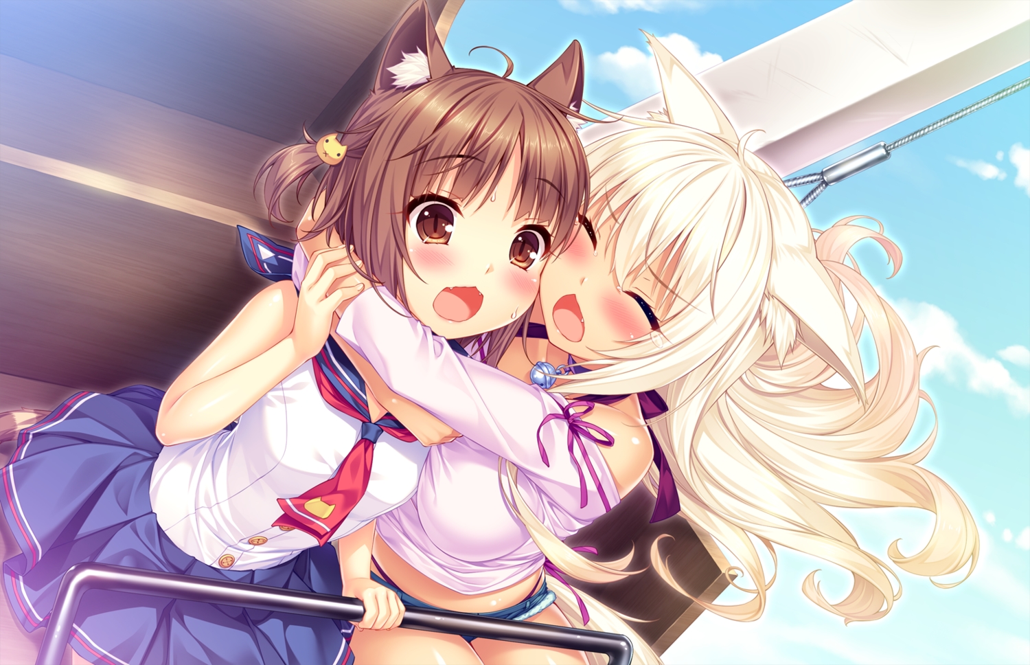 2girls, animal_ears, azuki_(sayori), bell, blonde_hair, blush, brown_eyes, brown_hair
