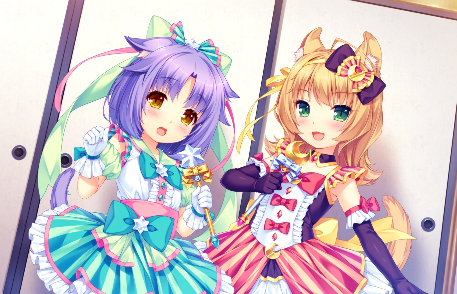 2girls, animal_ears, blush, bow, catgirl, cinnamon_(sayori), dress, elbow_gloves