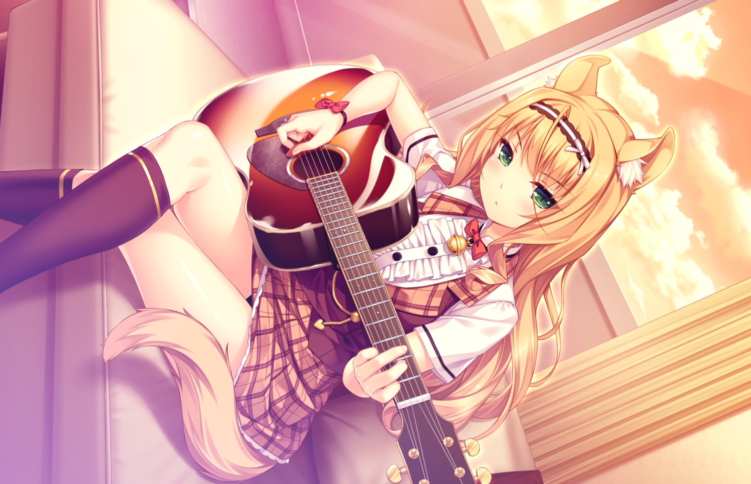 animal_ears, bell, bow, catgirl, clouds, game_cg, green_eyes, headband