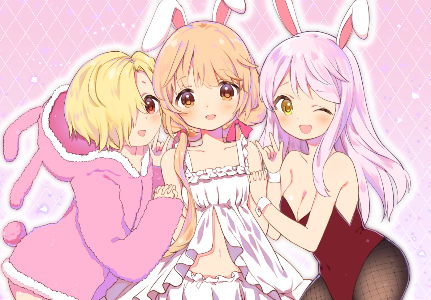 animal_ears, blonde_hair, blush, bodysuit, breasts, brown_eyes, bunny_ears, bunnygirl, caracorn, cleavage, eve_santaclaus, futaba_anzu, hood, idolmaster, idolmaster_cinderella_girls, long_hair, navel, pantyhose, red_eyes, shirasaka_koume, short_hair, tail, twintails, yellow_eyes